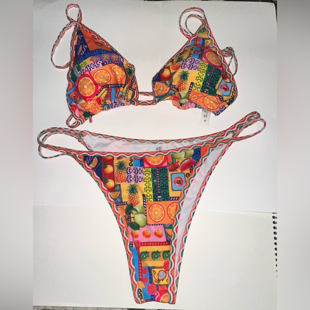 Women's 2 Piece Fruit Graphic Halter Triangle Tie Side Thong Bikinis XL